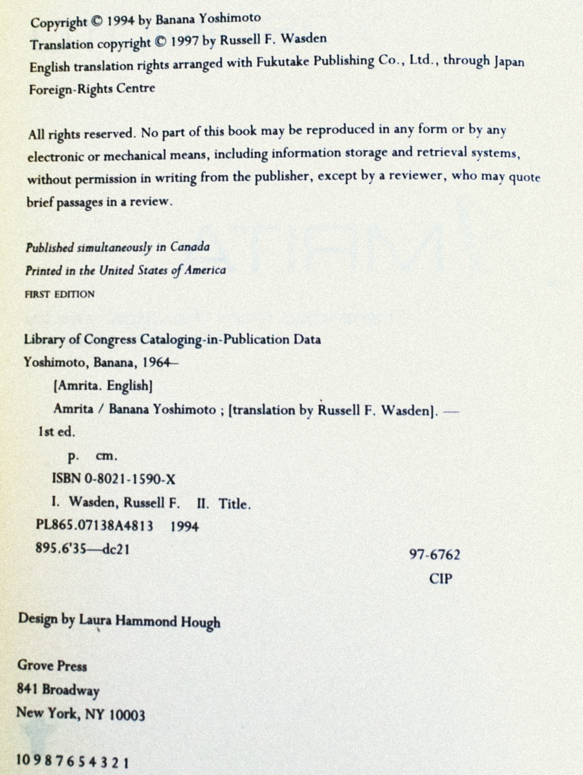 Amrita by Banana Yoshimoto (First Edition)